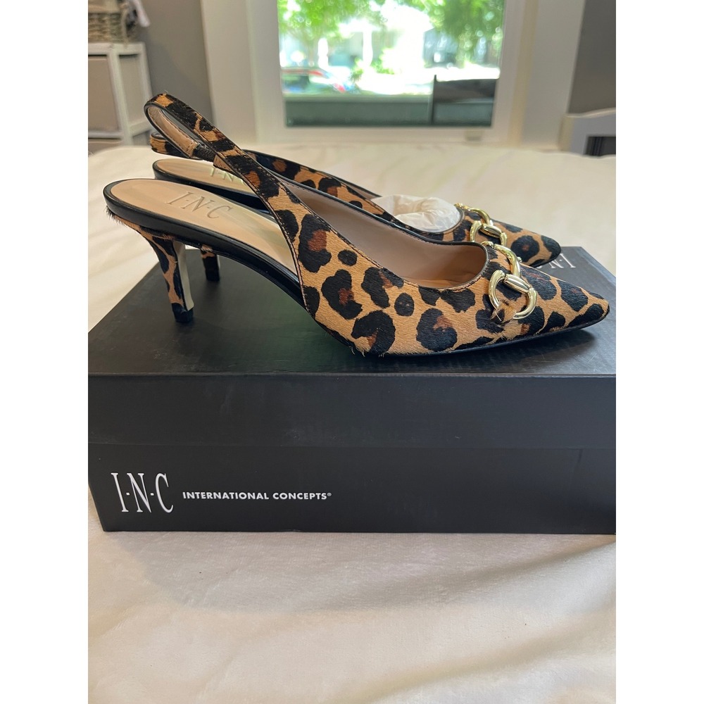 INC International Concepts Carynnhc Leopard Calf Hair Slingback Pumps Gold 6.5